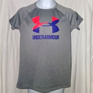 Under Armour HeatGear Girls Size Y XL Gray Stretch Tee T-Shirt Athletic Wear